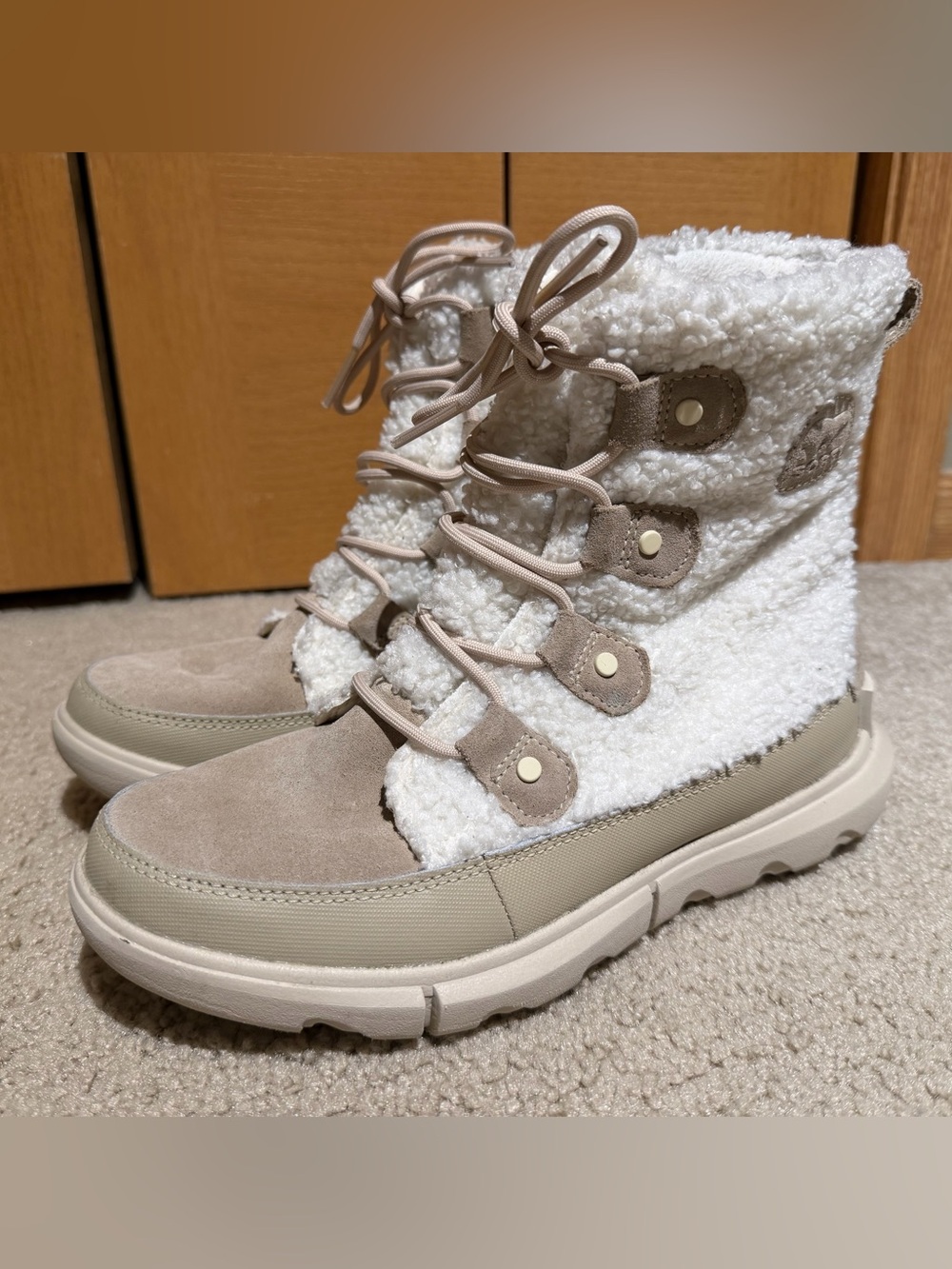 Sorel Cream and Tan Sherpa Lace-Up Winter Boots